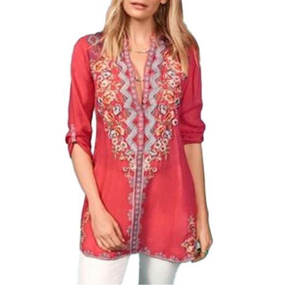 Johnny Was Tops - Johnny Was Harlow Floral V-Neck Embroidered Tunic Top Bohemian Cottagecore